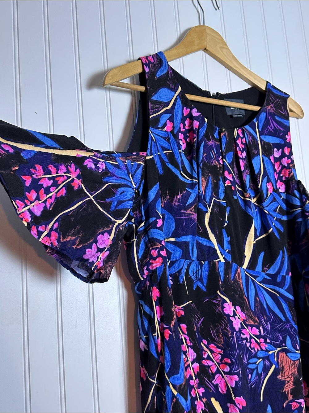Anthropologie Maeve Elia Cold Shoulder Midi Dress 14 tropical botanical floral - Picture 8 of 13